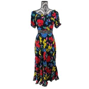 RIXO London Off-Shoulder Floral Puff Sleeve Dress Black Multicolor Print, 14